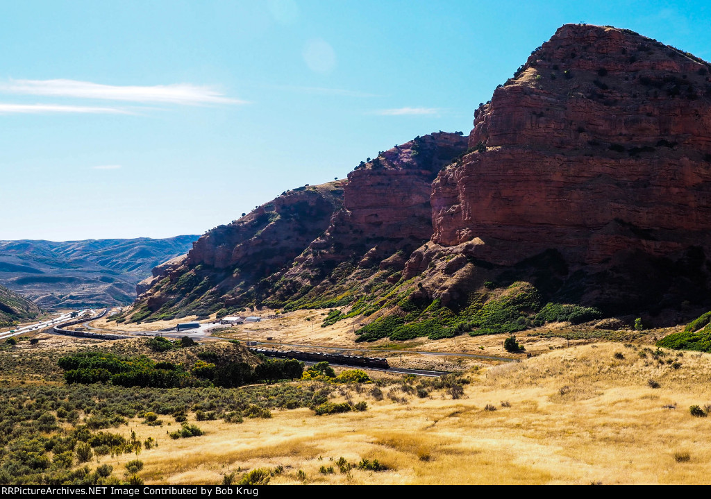 UP 6066 leads an eastbound tank train up the grade at Echo Canyon